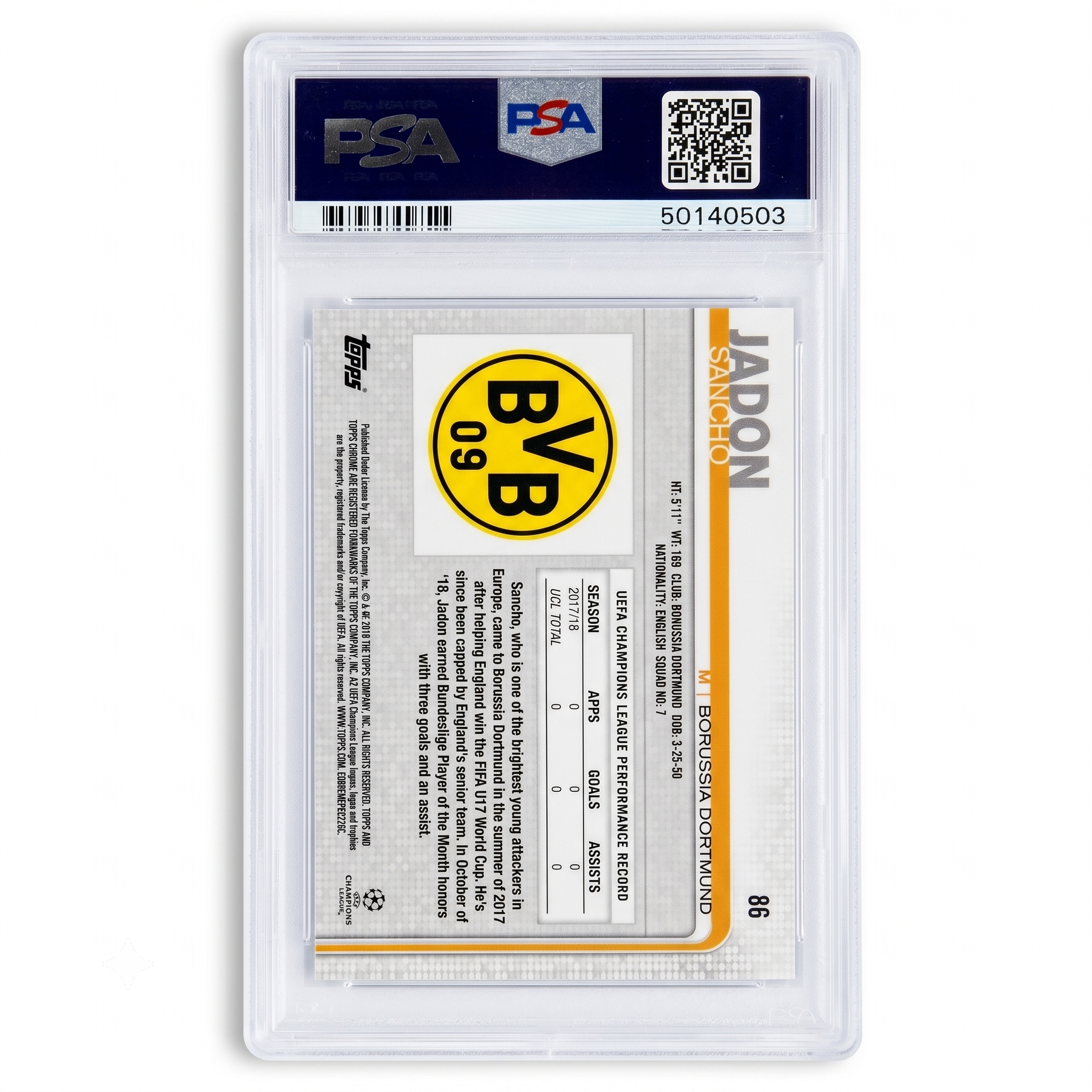 18-19 Topps Chrome UEFA Jadon Sancho #86 PSA 10 GEM MINT