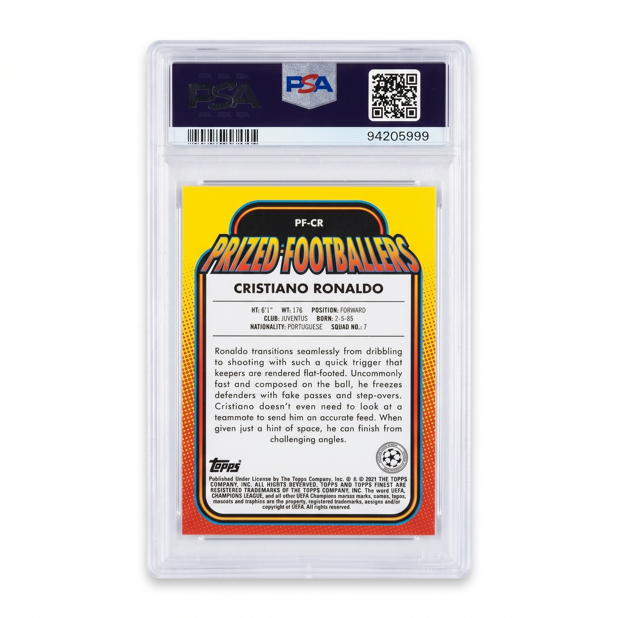 2020-2021 Topps Finest UCL Prized Footballers Refractor Cristiano Ronaldo #PF-CR SP PSA 9