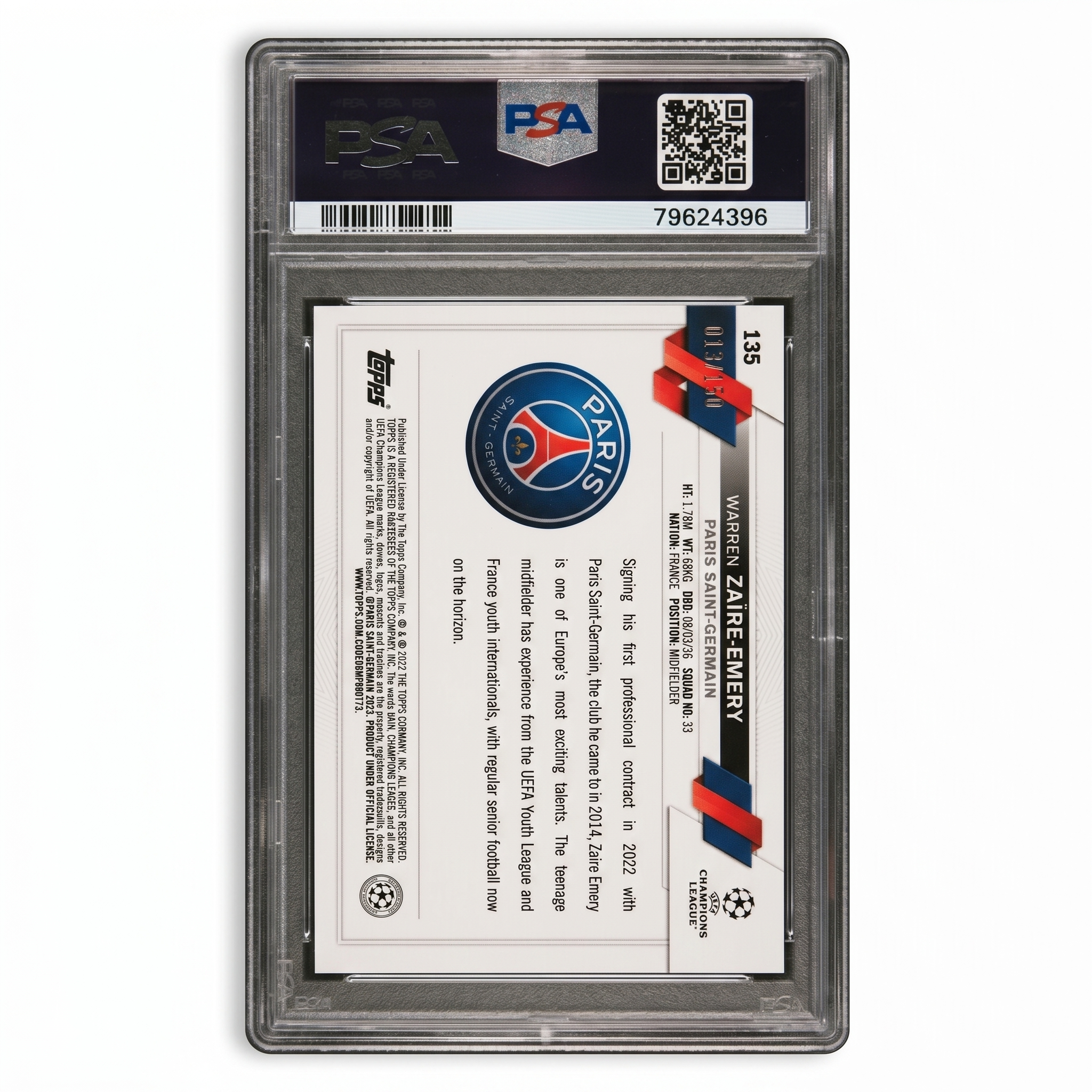 2022-23 Topps Chrome UEFA Warren Zaire-Emery RC Blue Refractor  013/150  #135 PSA9