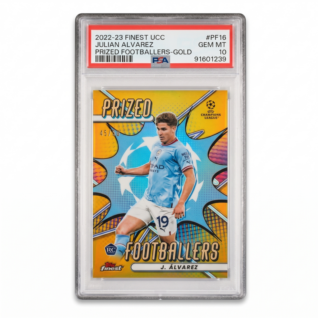 2022-23 Topps Finest JULIAN ALVAREZ RC Gold Prized Footballer 45/50 PF-16 PSA 10