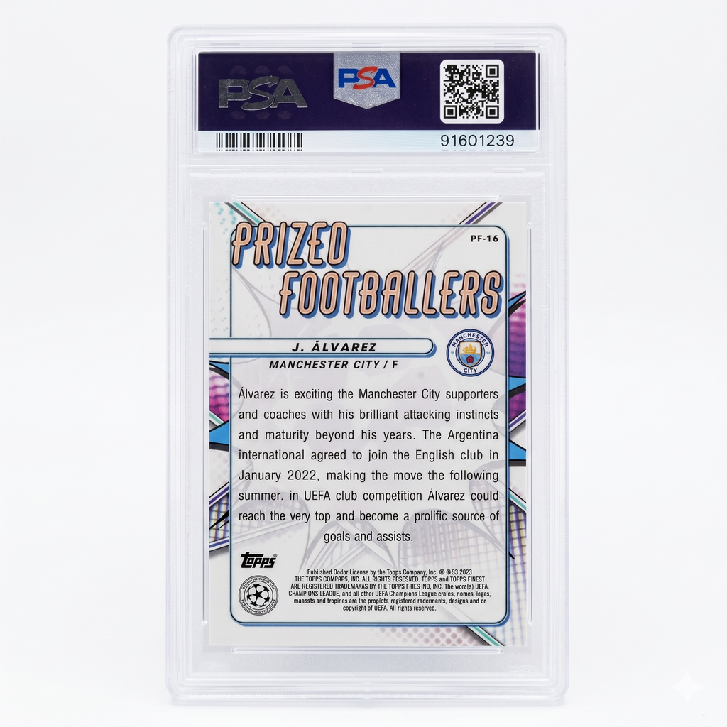 2022-23 Topps Finest JULIAN ALVAREZ RC Gold Prized Footballer 45/50 PF-16 PSA 10