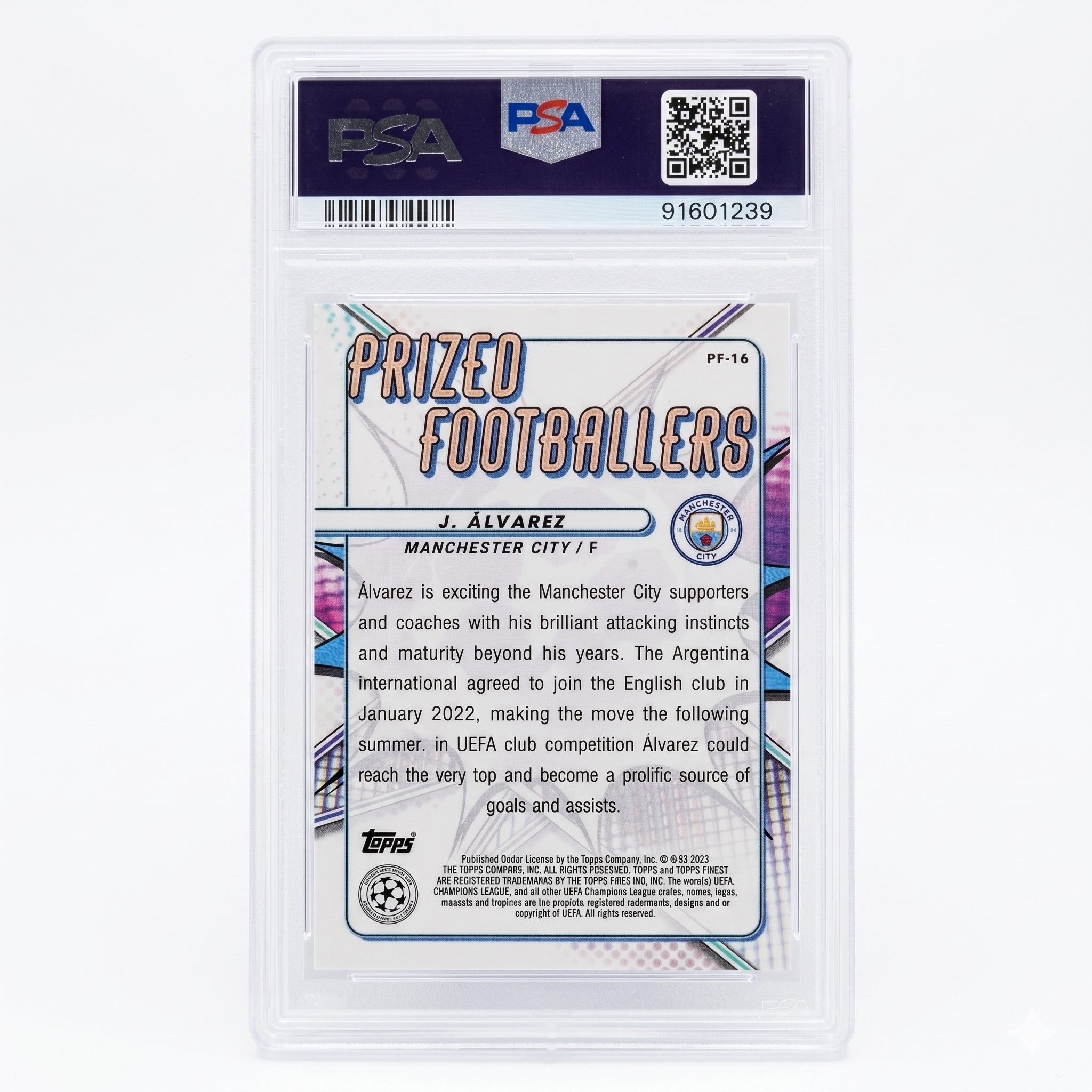 2022-23 Topps Finest JULIAN ALVAREZ RC Gold Prized Footballer 45/50 PF-16 PSA 10