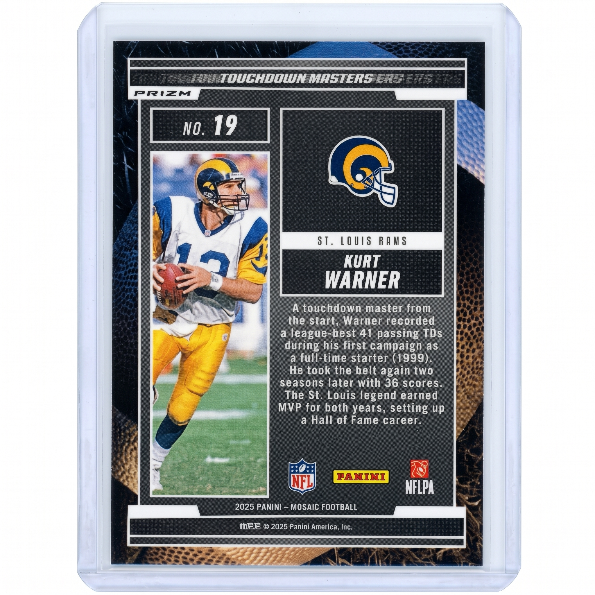 2025 Panini Mosaic Kurt Warner Touchdown Master Green Mosaic Prizm #19