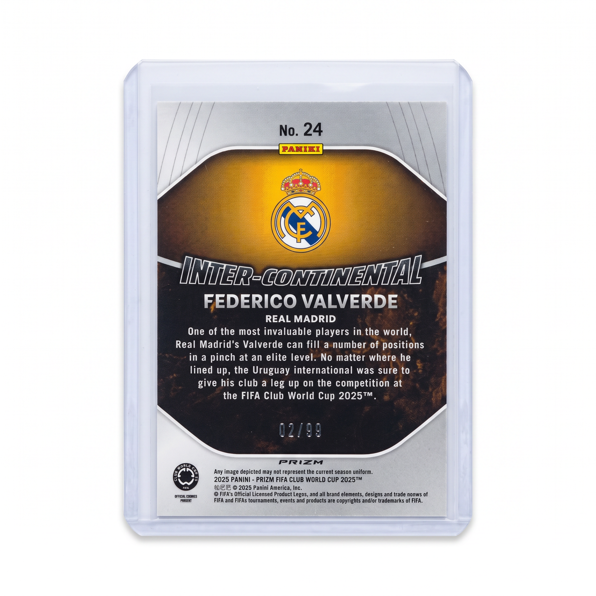 2025 Panini Prizm FIFA Club World Cup Federico Valverde Inter-Continental Blue Ice Prizm Parallel 02/99